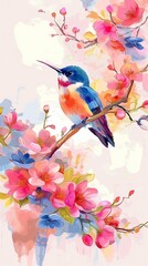 A colorful hummingbird perched on a branch with vibrant flowers in the background