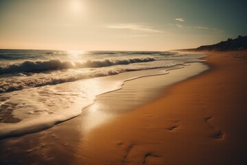 Tranquil and serene sunset beach shoreline with golden light. Calm waves. And peaceful atmosphere for relaxation and leisure