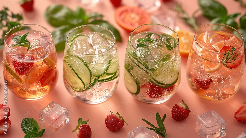 Poster a colorful array of fruits and veggies in various glasses, arranged next to ice cubes and strawberri