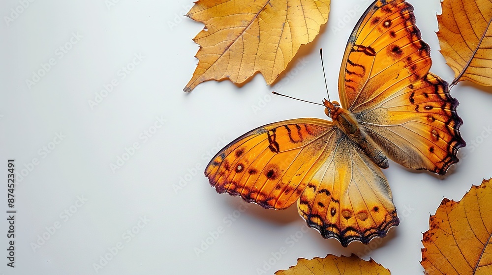 Poster close-up of a butterfly perched on a leaf, with two additional butterflies visible in the photo from