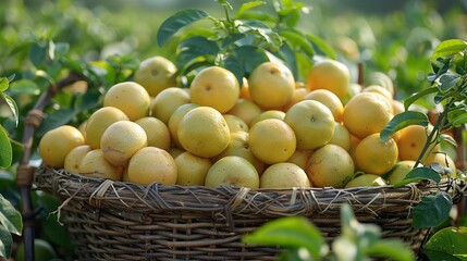   A basket brimming with lemons dangles from an arboreal green canopy, with some fully-ripened ones