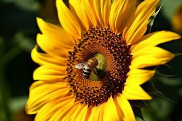 Naklejka premium Close-up of a bee on a vibrant sunflower against a dark green background