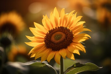 Fototapeta premium Vibrant golden hour sunflower bloom glowing in the warm sunlight of a summer evening, showcasing the natural beauty and botanical wonder of blooming flora in a serene rural field setting