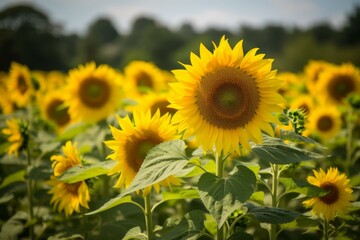 Obraz premium Bright sunflowers dominate the scene with lush greenery in a sunny field