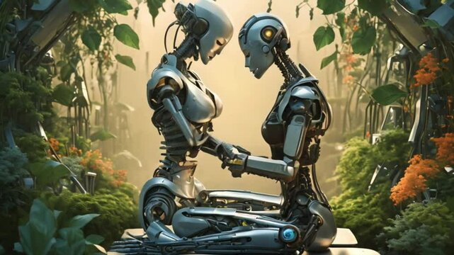 A robot girl meditating in a cybernetic garden, her metallic skeleton and electronic parts blending with the futuristic foliage