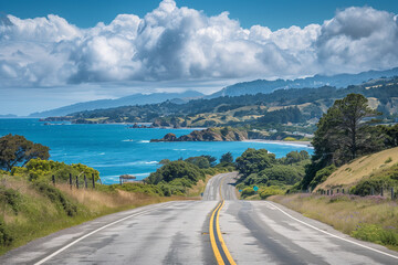 iconic coastal route of the Pacific Coast Highway, passing through charming coastal towns and picturesque landscapes. Perfect for travel magazines, road trip enthusiasts, and desti