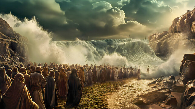 Moses, a figure from the Bible, leading his people through the Red Sea to safety.