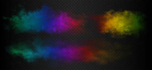 Set of 3 purple rainbow smoke cloud of red, orange, yellow, green, blue, purple and pink colors isolated on dark semi transparent background. Gradient fog vector illustration