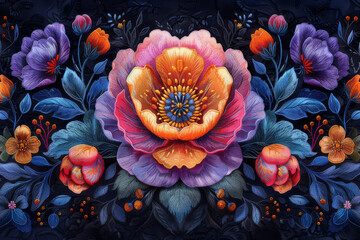 Embroidery floral abstract fantasy design luxury fabric art background,genertive ai 