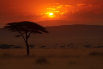 Serene african landscape at sunset with an acacia tree silhouette against a fiery sky