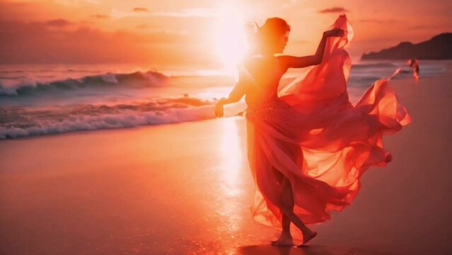Glamorous girl dancing in a romantic sunset beach scene, lovely costume, 8K, photorealistic