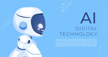 Cartoon character robot woman. AI Content Generator. Chatbot technology. Technology and engineering concept. AI chat bot based on artificial intelligence and neural networks. Online web banner.