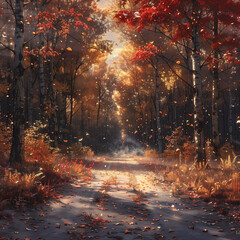 Fototapeta premium autumn in the forest,woodland forest background, anime style, wallpaper