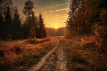 Obraz premium Breathtaking sunset peering through trees, illuminating a peaceful forest trail