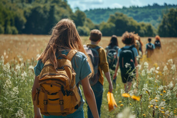 Group of children hike on a scenic nature trail. Outdoor adventure concept