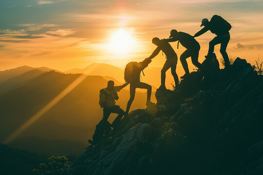 Group of climbers helping each other ascend a steep mountain slope at sunrise, symbolizing teamwork, support, and determination in achieving a common goal.