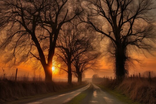Serene country road at sunset, lined with leafless trees
