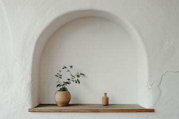 Minimalist alcove with a wooden shelf, clay vase with green plant and small bottle. White textured wall with copy space.