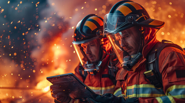 Firefighters analyzing digital data during a blazing fire emergency - technology in firefighting, teamwork, safety gear, and crisis management - Powered by Adobe