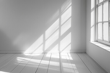 Obraz premium Bright room with sunlight streaming through large windows, casting shadows on white walls and floor, conveying serenity and space.