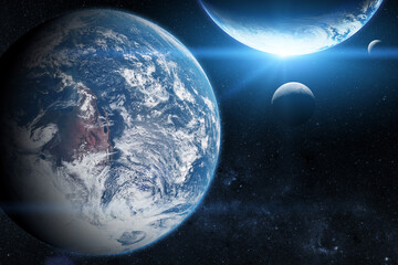 Earth in the outer space with beautiful planet. Blue sunrise. El