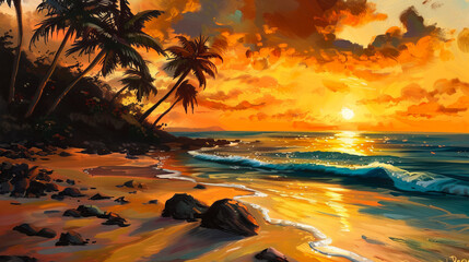 Stunning tropical beach sunset with palm trees and ocean waves, vibrant sky and serene shoreline, perfect for travel and nature lovers