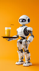 Naklejka premium Robot waiter serving drinks on a tray, on a simple colored background.