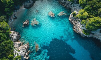 Obraz premium A beautiful lake surrounded by rocks and grass. The water is clear and calm. The scene is peaceful and serene