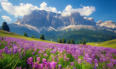 Fototapeta premium purple flower meadow in front of mountain