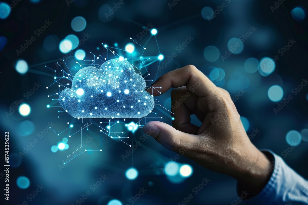 Poster businessman touch cloud computing icon network. cloud technology, cloud data transfer and online dat