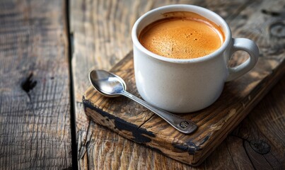 A cup of morning coffee stands on a wooden table