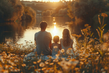 A family enjoying a picnic in a sunlit park, surrounded by nature. Concept of family bonding and happiness. Generative Ai.