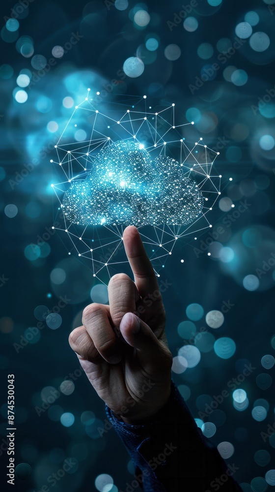 Poster businessman touch cloud computing icon network. cloud technology, cloud data transfer and online dat