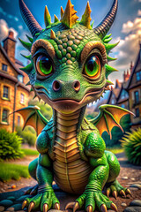 Fototapeta premium A 3D-rendered image featuring a vibrant green cartoon-style baby dragon standing on a cobblestone street. This whimsically styled dragon has eye-catching large eyes, sharp horns, and a tongue slightly