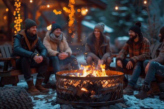 Friends Gather Around a Bonfire on a Cold Winter Evening
