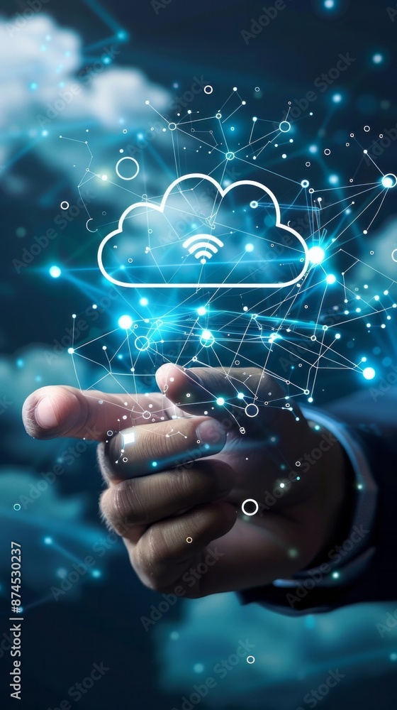 Poster businessman touch cloud computing icon network. cloud technology, cloud data transfer and online dat