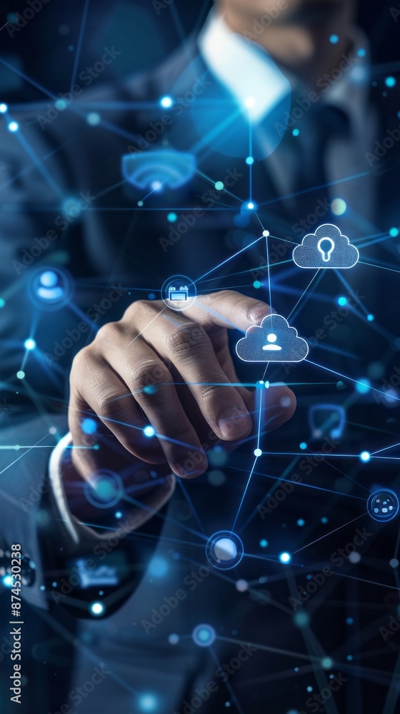Poster businessman touch cloud computing icon network. cloud technology, cloud data transfer and online dat
