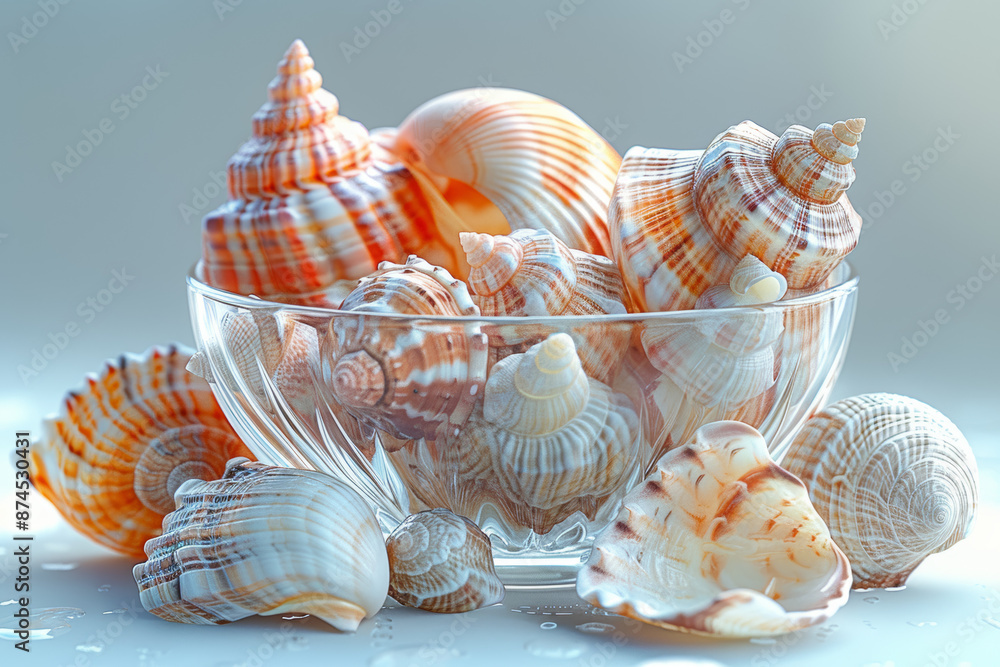Poster a collection of seashells arranged in a glass bowl. concept of seaside memories and simplicity. gene