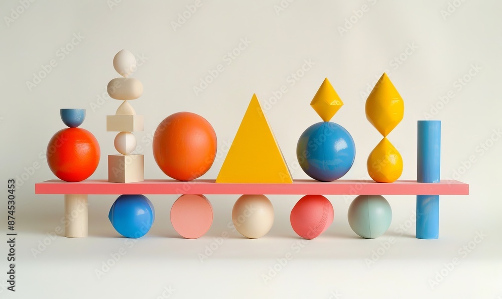 Aufkleber set of colorful objects of different geometric shapes balancing while placed on white background