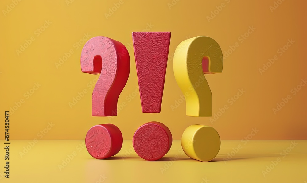 Poster red 3d two question marks and an exclamation mark on a yellow background. space for text