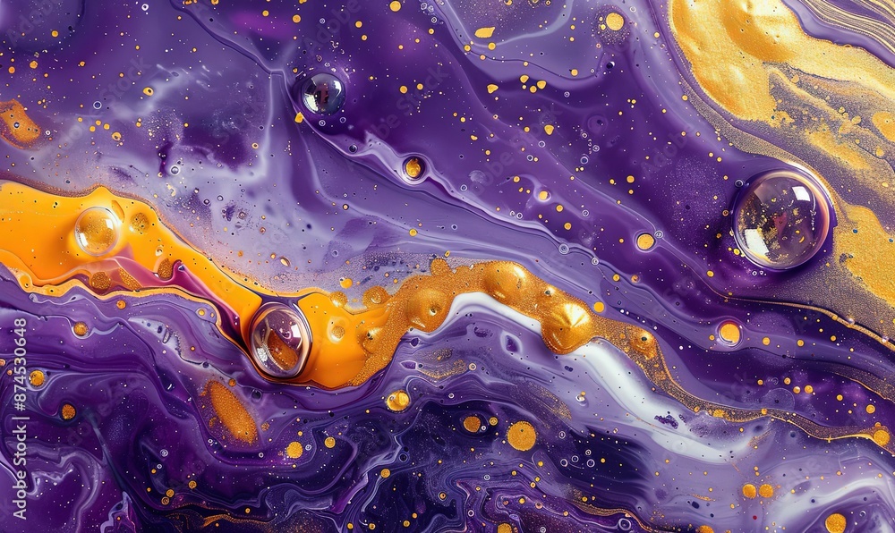 Poster purple and yellow soap bubbles in paint create an abstract design suitable for a colorful background