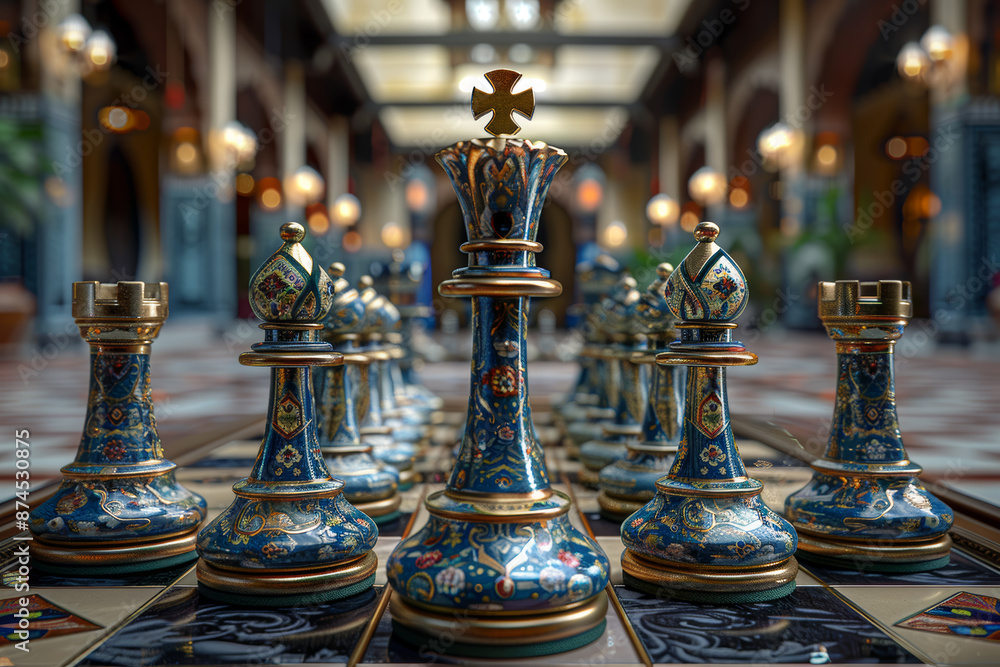 Poster an intricately designed chess set mid-game. concept of strategy and intellect. generative ai.