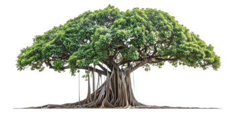 Green realistic huge tall wide Banyan tree cut out, isolated, transparent background - PNG. 