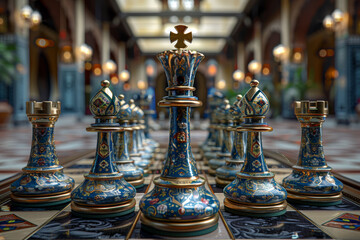 An intricately designed chess set mid-game. Concept of strategy and intellect. Generative Ai.