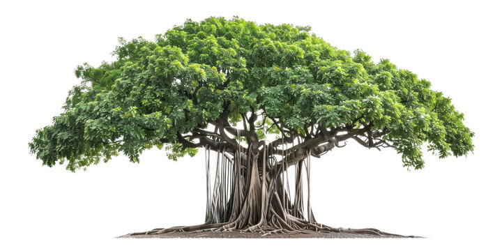 Green realistic huge tall wide Banyan tree cut out, isolated, transparent background - PNG. 
