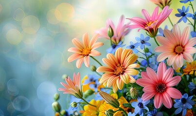Flowers background with multicolored bouquet of summer flowers with vivid intense colors