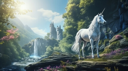 A majestic white horse stands proudly on a rock in front of a cascading waterfall.