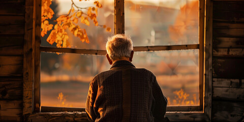 An old man is at home with his back looking from the window