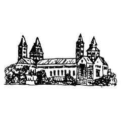Naklejka premium Speyer Cathedral in Germany. Catholic Christian temple. Hand drawn doodle rough sketch. Black and white silhouette. The Imperial Cathedral Basilica of the Assumption and St Stephen.