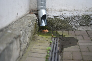 There are wet tiles and autumn leaves under the drainpipe near the wall of the building.